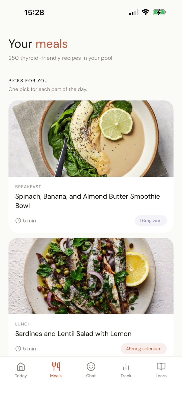 Weekly meal plan screen showing a day's meals with nutrient indicators