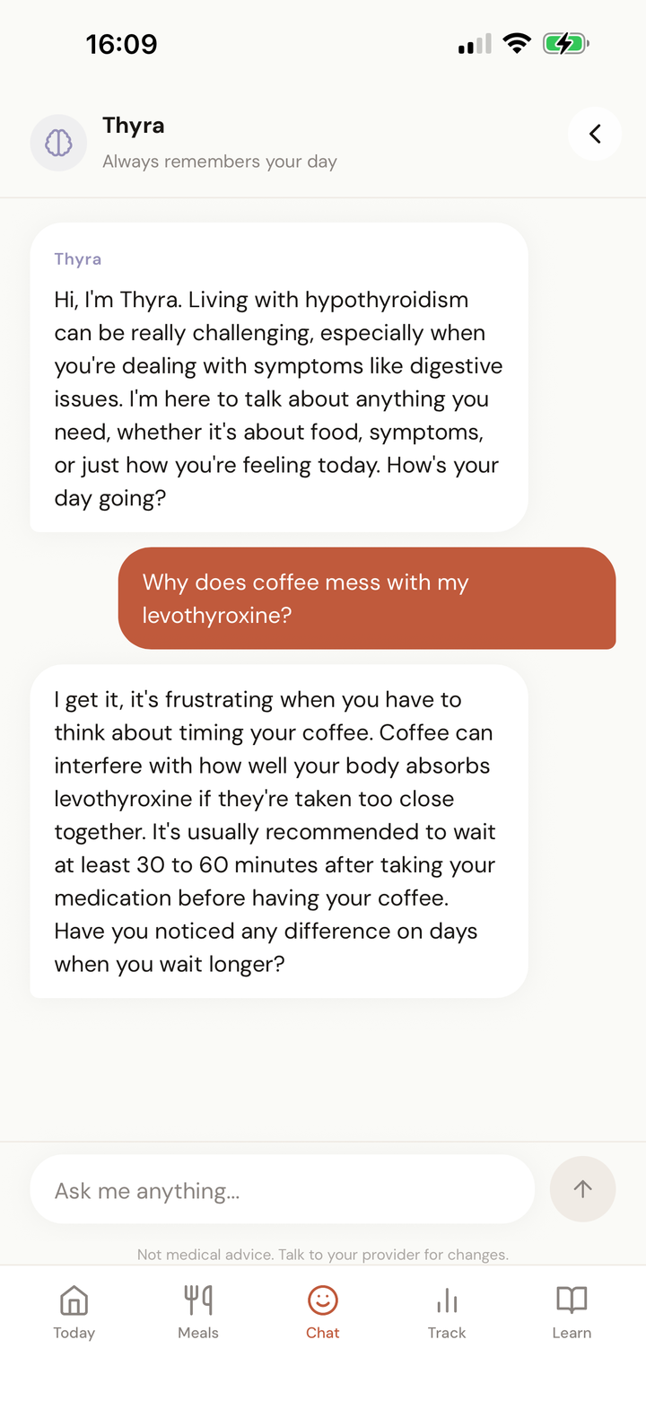 Today screen with the medication timing card — coffee, breakfast and supplement windows