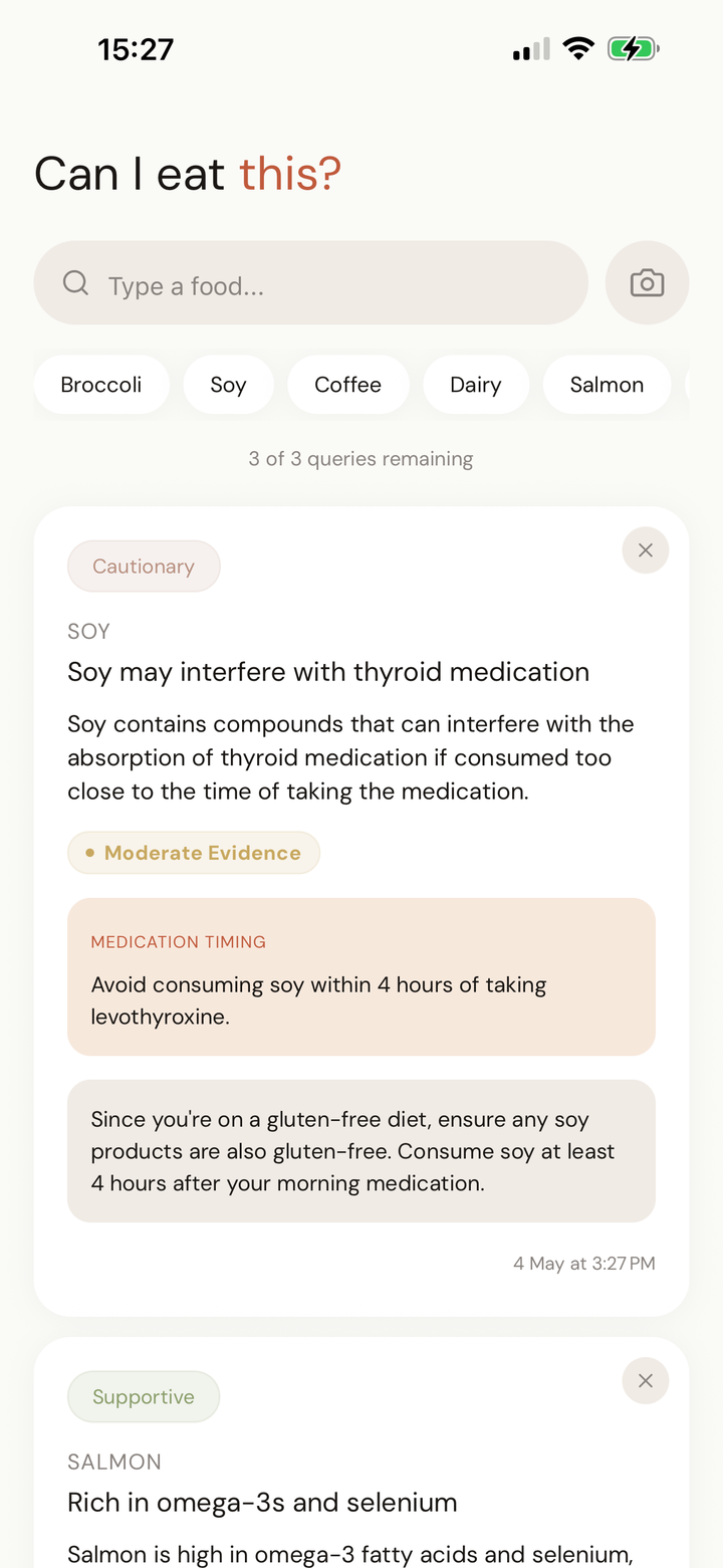 "Can I eat this?" screen with a food query result card — green/amber/red indicator