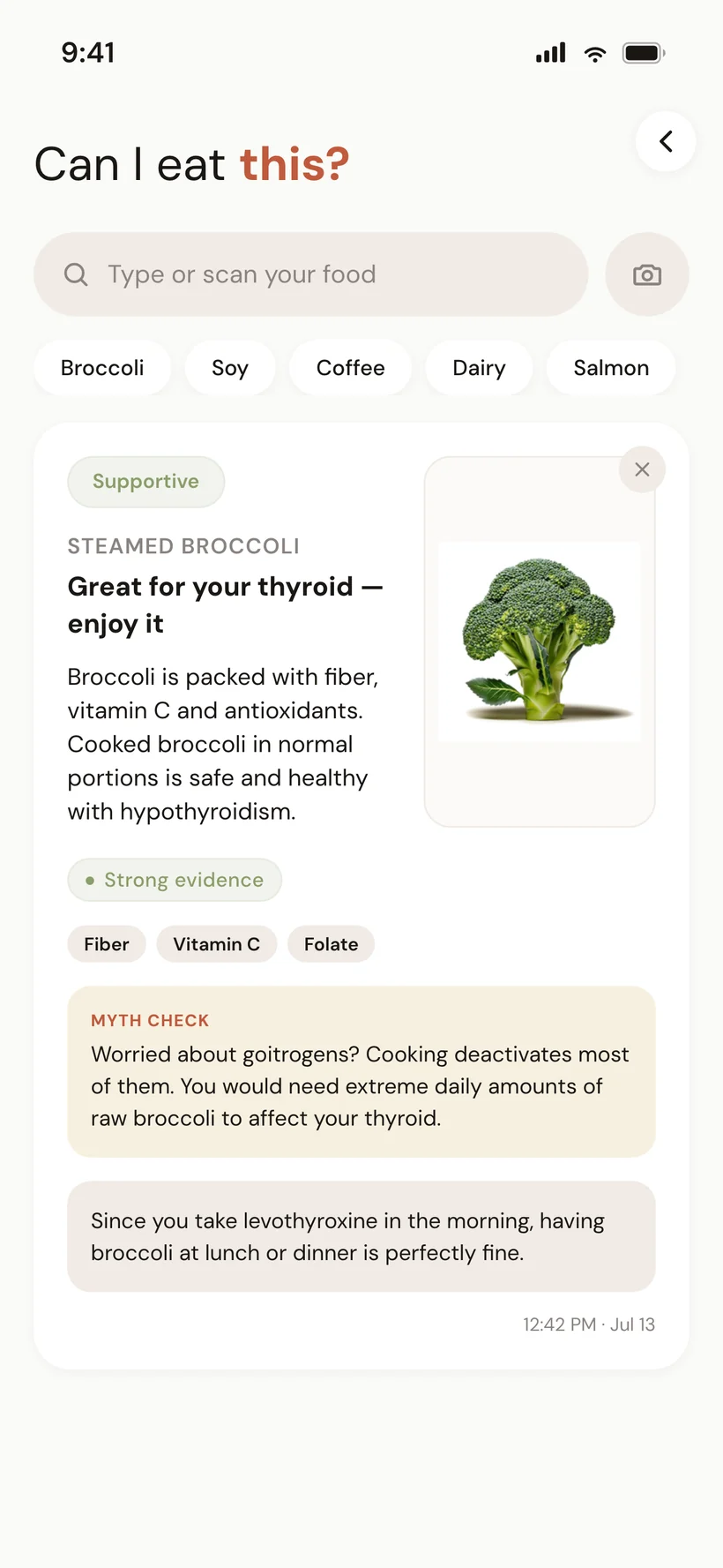 "Can I eat this?" screen with a food query result card — green/amber/red indicator